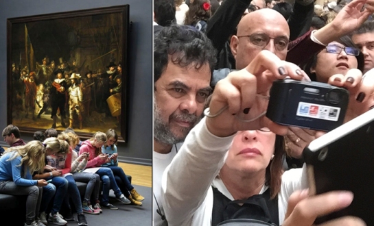 Left: Assembled school children in the Rijksmuseum, Amsterdam. Right: Assembled adults in the Louvre, Paris (Photography: Bonnie SIegler)